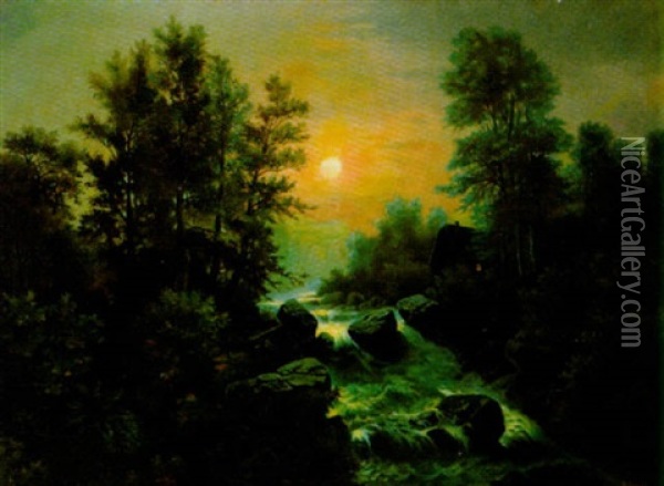 Mondschein Uber Dem Flusstal Oil Painting - Albert Rieger
