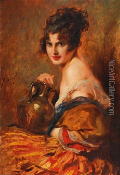 A Beauty With Wine Carafe Oil Painting - Leopold Schmutzler