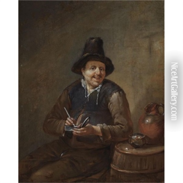 A Peasant Filling His Pipe, Sitting Next To A Barrel Oil Painting - Egbert van Heemskerck the Elder