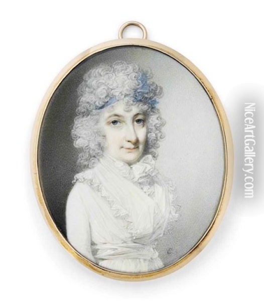 Lady Blunt, Nee Elizabeth Peers, In White Dress With Frilled White Fichu And Scarf Tied Around Her Neck, A Blue Ribbon In Her Powdered Curling Hair Oil Painting - George Engleheart