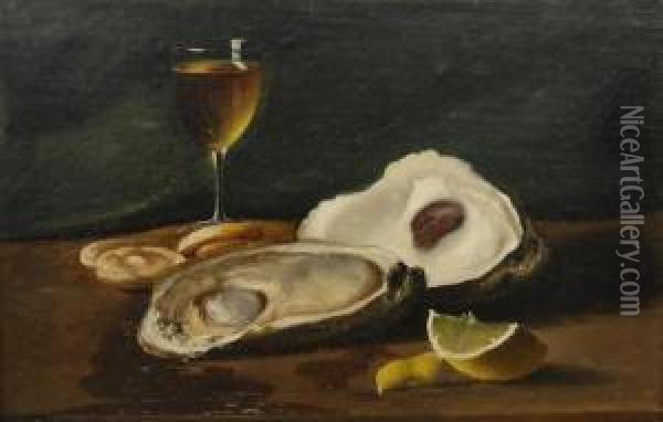 Still Life With Lemon, Wine And Oysters Oil Painting - Andrew John Henry Way