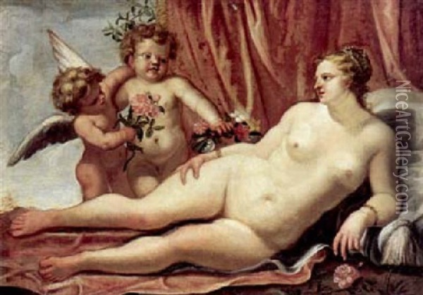 Venere Coricata E Due Amorini Con Fiori Oil Painting - Pietro (Libertino) Liberi