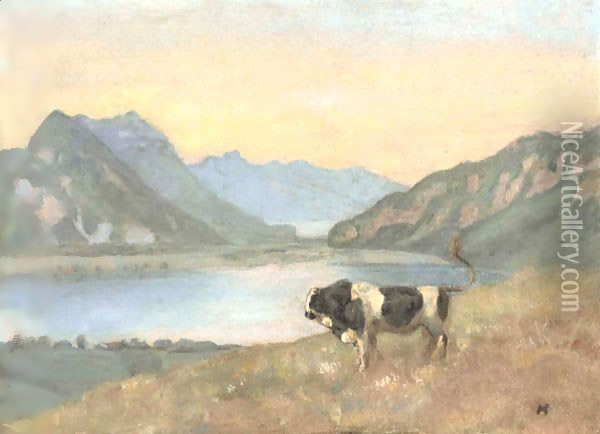 Lake Thun And Brienz With Freiburg Simmental Bull Oil Painting - Ferdinand Hodler