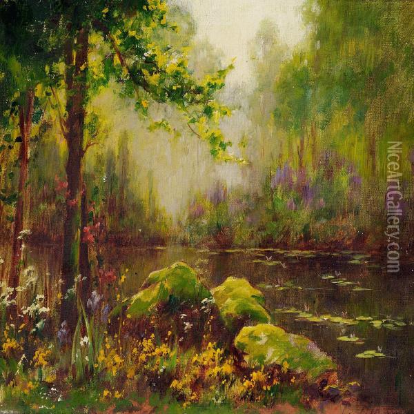 Forest Lake With Water Lilies Oil Painting - Serkis Diranian