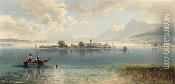 Fischer In Einem Kahn Vor Der Fraueninsel Oil Painting - Ferdinand Feldhuetter