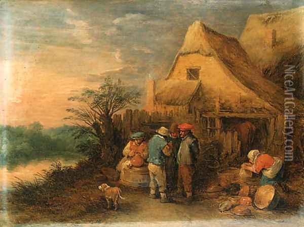Peasants drinking and smoking outside farms Oil Painting - Theobald Michau