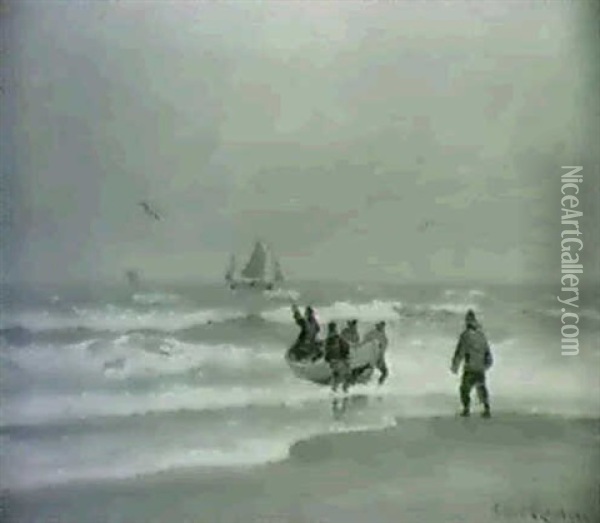 Fiskere I Strandkanten Oil Painting - Carl Ludvig Thilson Locher