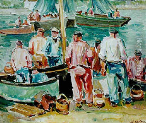 Retour De Peche A Audierne - Barques A Quai Oil Painting - Pierre De Belay
