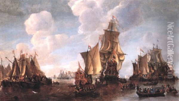 Flotilla Of Vessels Surrounding Two Dutch States Yachts And A Man O' War Oil Painting - Hendrick De Meijer