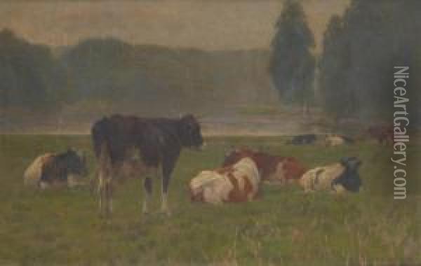 Vaches Au Bord Du Coursd'eau Oil Painting - Emile Van Damme-Sylva