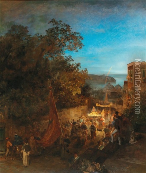 Ischia - Feast Of St Anne Oil Painting - Oswald Achenbach