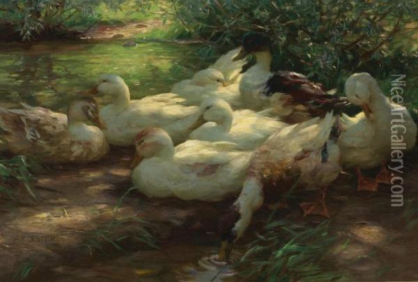 Eight Ducks On The Riverbank Oil Painting - Alexander Max Koester