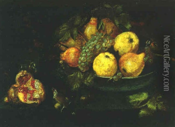 Still Life Of A Bowl Of Fruit And Birds With A Pomegranate Oil Painting - Juan Van Der Hamen Y Leon