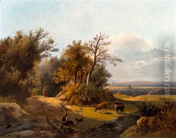 Herder Met Vee In Zonnig Heuvellandschap Oil Painting - Marinus Adrianus Koekkoek