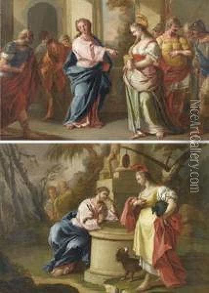 Pair Of Works: Christ And The Adulteress/christ And The Woman Of Samaria. Oil Painting - Pietro Bardellino