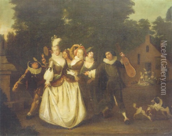 Figures From The Commedia Dell'arte Oil Painting - Claude Gillot