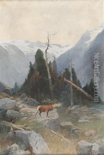 Gebirgsweg Mit Rohrendem Hirsch Oil Painting - Albert Stagura