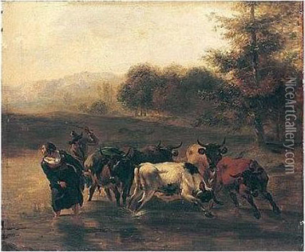 A Herder And Maid Driving Cattle Across A River Oil Painting - Nicolaes Berchem