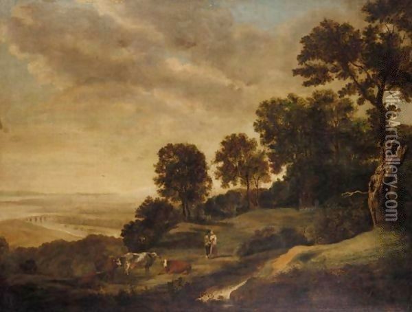 Extensive Landscape With Rustics And Cattle Oil Painting - Alexander Nasmyth