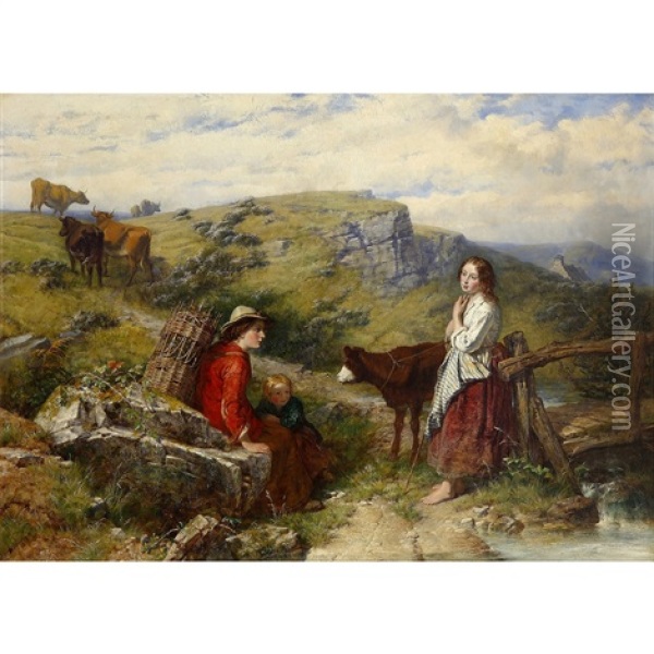 Rustic Scene With Two Girls And A Child Oil Painting - Isaac Henzell