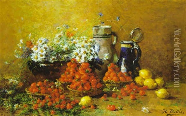 Wiesenblumenstraus Mit Erdbeeren Und Zitronen Oil Painting - Hubert Bellis