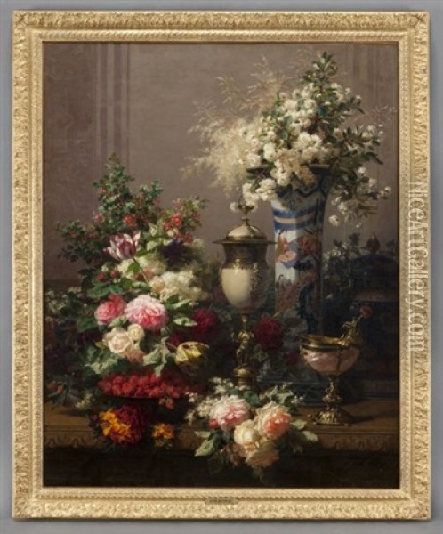 Floral Still Life With Imari Vase, Ostrich Egg Cup, Nautilus Cup And Strawberries Oil Painting - Jean-Baptiste Robie