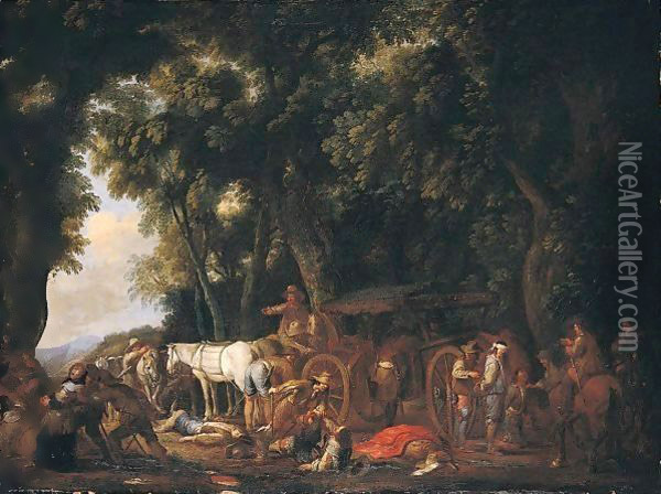 A Wooded Landscape With Bandits Ambushing Travellers Oil Painting - Cornelis de Wael