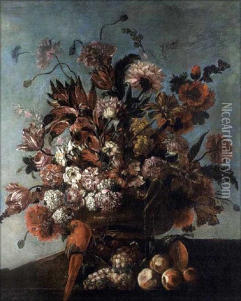 Perroquet Et Fruits Pres D'un Bouquet De Fleurs Sur Un Entablement Oil Painting - Pierre Nicolas Huilliot