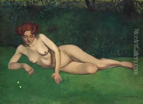 Nude With Butterflies, 1909 Oil Painting - Felix Edouard Vallotton