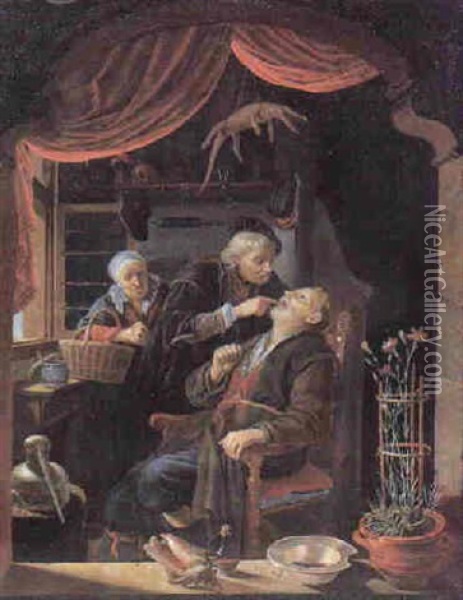A Dentist Examining The Tooth Of A Man, An Old Woman Watching From Behind, Viewed Through A Window Oil Painting - Gerrit Dou