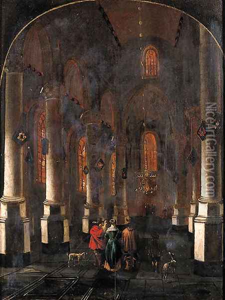 A view in a Gothic Church, with elegant townsfolk in the aisle Oil Painting - Bartholomeus Huybrechtsz. Lutensz. (Luyter)
