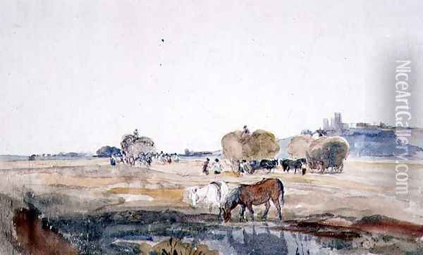 A Lincoln Hayfield Oil Painting - Peter de Wint