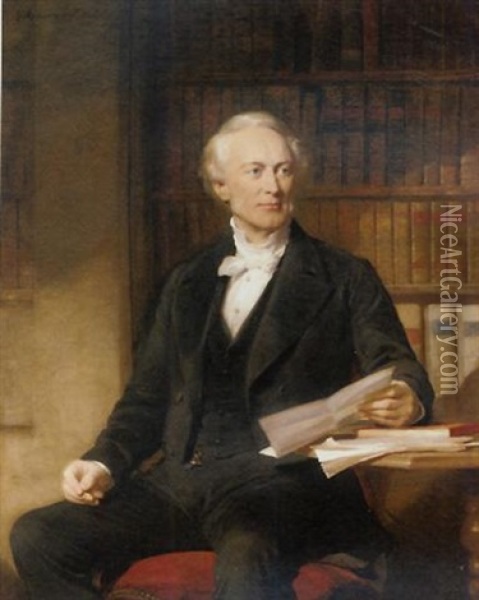 Portrait Of Octavius Wigram Seated In A Black Suit, Holding A Letter, In A Library Oil Painting - George Richmond