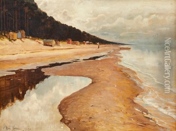 Woman Walking On A Stretched Beach Oil Painting - Yuliy Yulevich (Julius) Klever