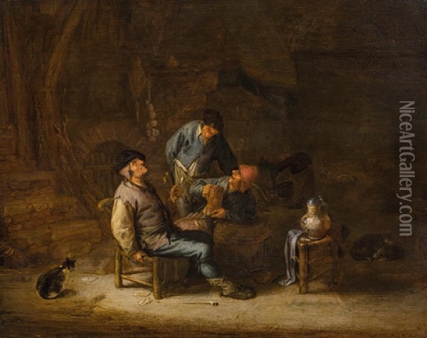 Three Peasants With Dog And Cat Oil Painting - Adriaen Jansz van Ostade