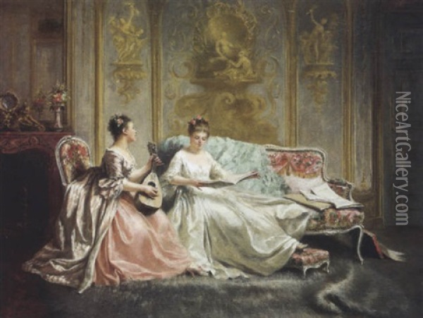 La Lecon De Musique Oil Painting - Adolphe Francois Montfallet