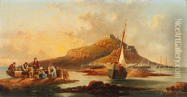 St. Michael's Mount, With Figures And Boats To The Foreground Oil Painting - Anton Schoth