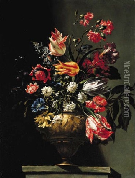 Parrot Tulips, Carnations, Morning Glory, A Daffodil And Other Flowers In A Sculpted Urn On A Pedestal Oil Painting - Mario Nuzzi