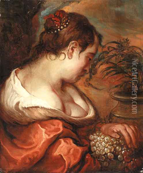 A woman holding a bunch of grapes Oil Painting - Flemish School