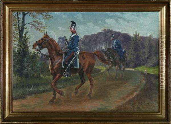 Dragoons Are Riding On A Forest Path Oil Painting - Karl Frederik Hansen-Reistrup