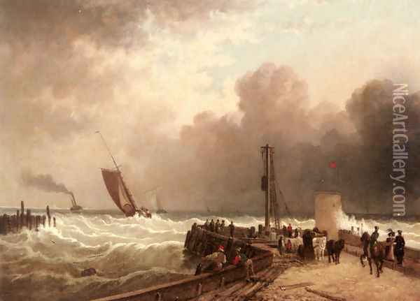 Shipping Approaching The Harbour Mouth In A Rough Sea Oil Painting - John Jock Wilson