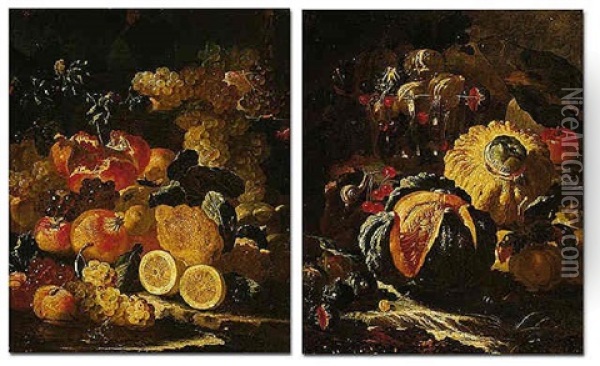 A Still Life Of Melons, Cherries And Figs In A Glass Bowl, Together With A Snail By A Stream Oil Painting - Giovanni Paolo Castelli (lo Spadino)