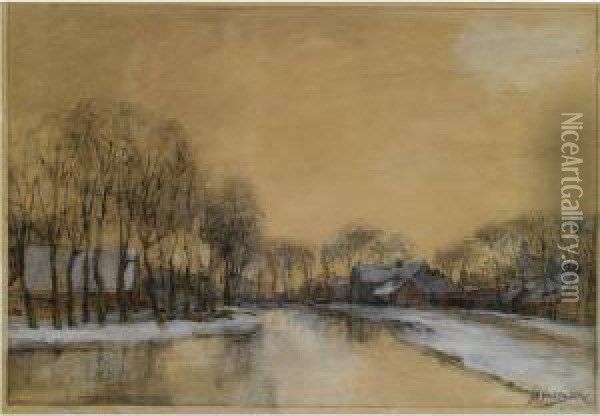 A Winter Landscape With Houses Along A Canal Oil Painting - Jan Hillebrand Wijsmuller
