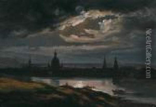 Circle Over Over The Elbe To Dresden At Night Oil Painting - Johan Christian Clausen Dahl