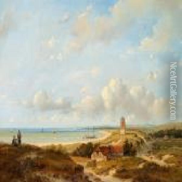 Dutch Coastal Scene With A Lighthouse Oil Painting - Andreas Schelfhout