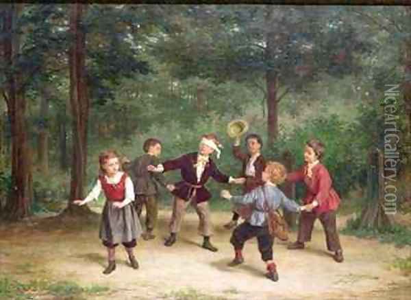 Blind Mans Buff 91316me children playing wood male female dlindfold colin maillard Oil Painting - Andre Henri Dargelas