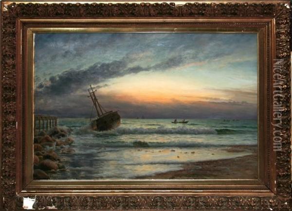A Wreck Off The Coast At The North Sea In Jutland, Denmark Oil Painting - Holger Peter Svane Lubbers