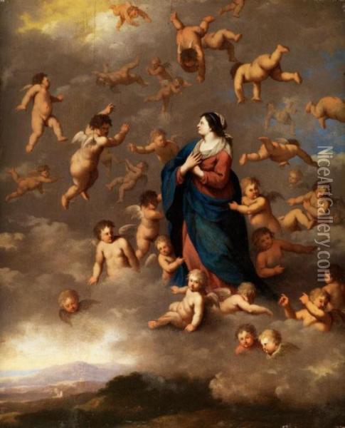 Maria In Den Wolken, Umgeben Vonengeln Oil Painting - Cornelis Van Poelenburch
