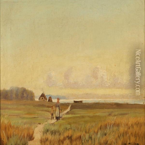 Landscape With A Mother And Child Ona Field Path Oil Painting - Oscar Herschend