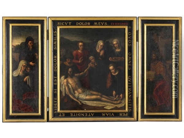 Lamentation, Saint And Donors (triptych) Oil Painting - Ambrosius Benson